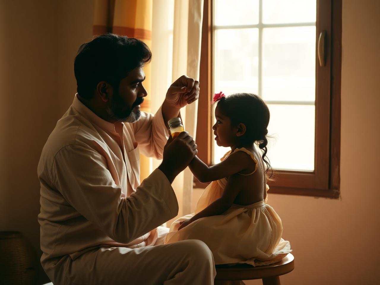 A father gently oiling his daughter's hair by a window