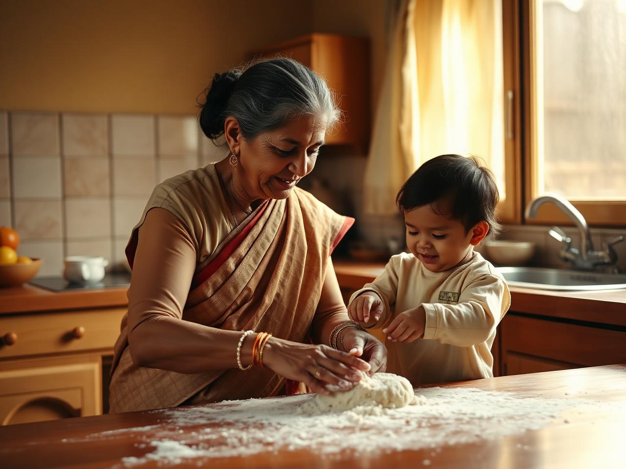A grandmother and grandchild kneading dough together in a warm kitchen