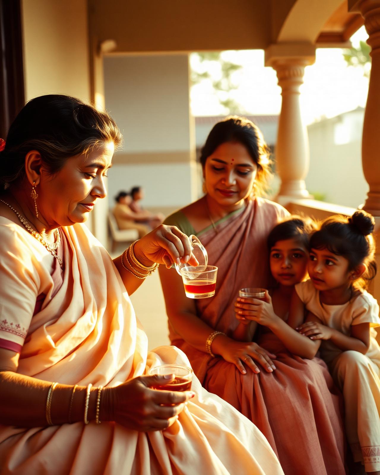 A grandmother pouring chai for her family on a sunlit verandah