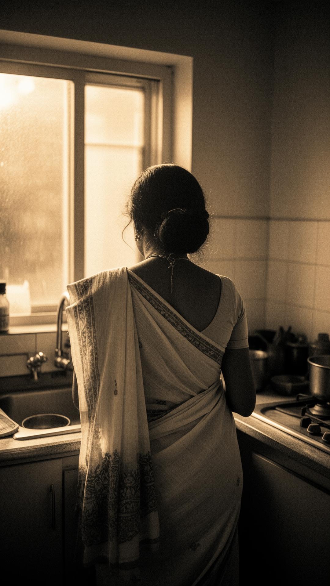 A mother stands at a kitchen window in soft morning light