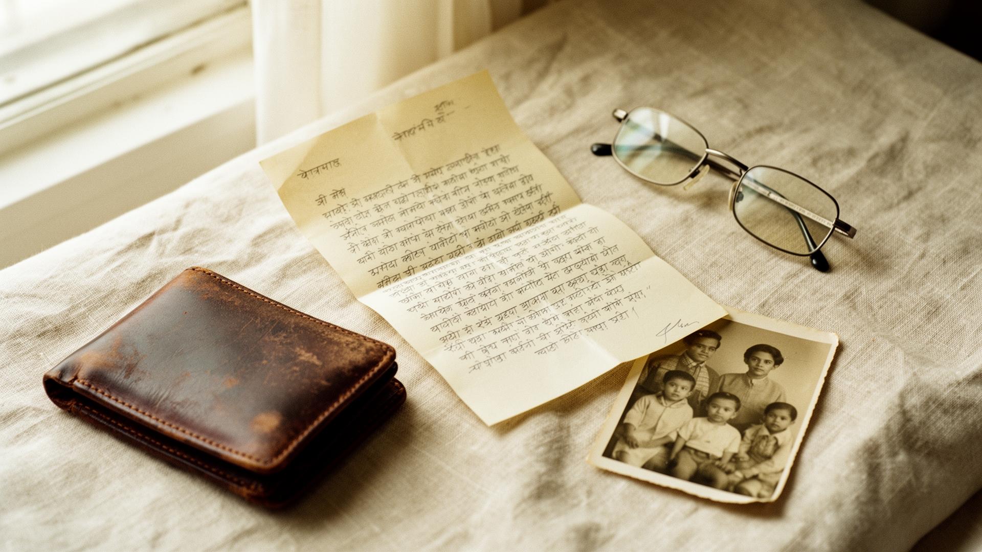 An old wallet, a folded handwritten letter, reading glasses, and a faded family photograph