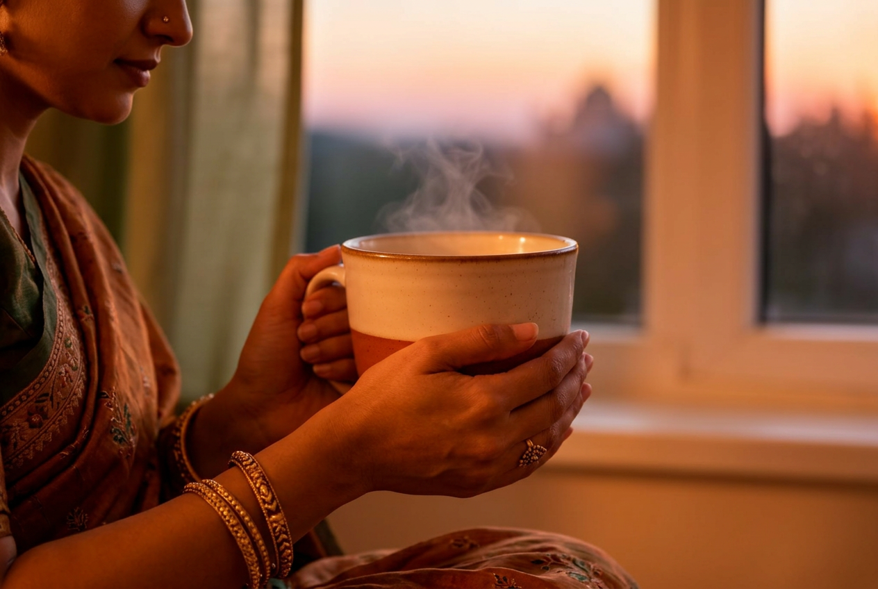 A lit candle by a window at dusk